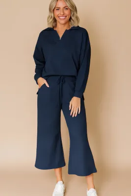 Blue Textured V Neck Set