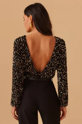 Black V Back Sequin Bodysuit