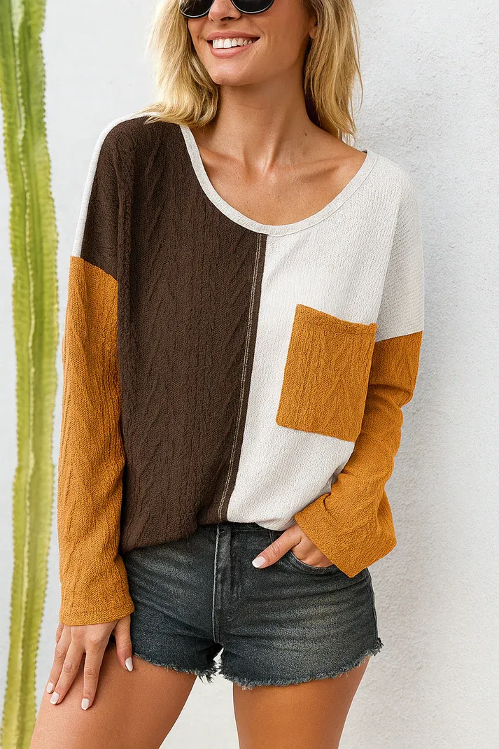 Brown Colorblock Patchwork Top