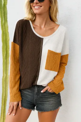 Brown Colorblock Patchwork Top