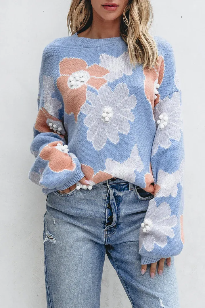 Blue Floral Knitted Sweater