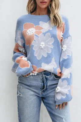 Blue Floral Knitted Sweater