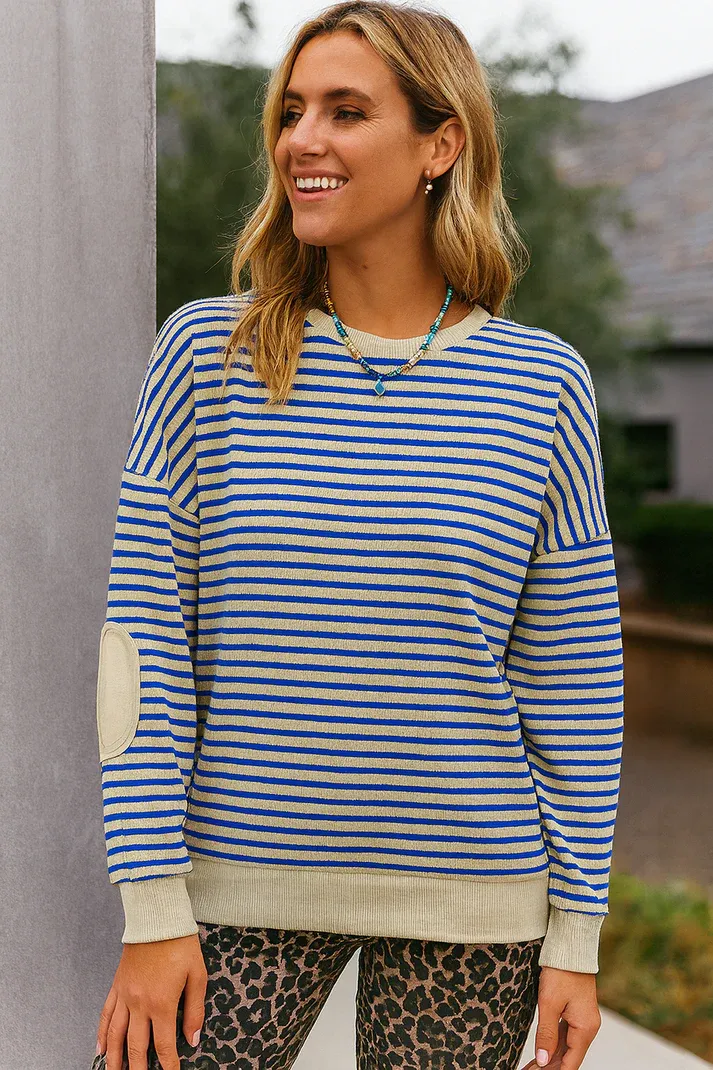 Blue Striped Textured Elbow Crew