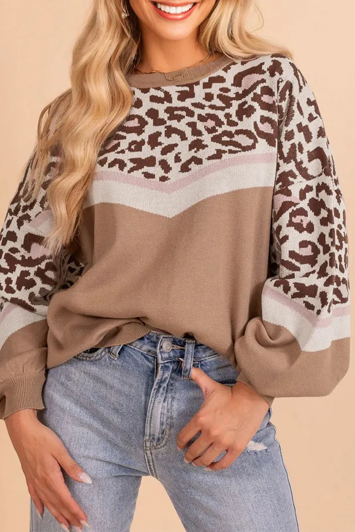 Beige Leopard Color Block Sweater
