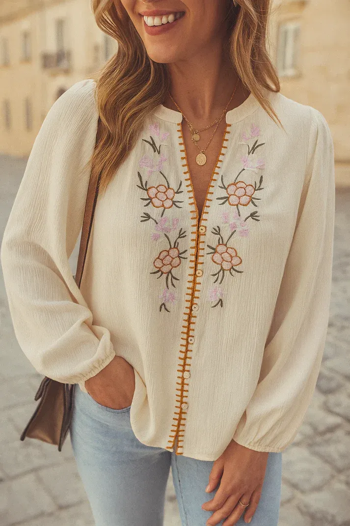 Beige Floral Embroidered Shirt