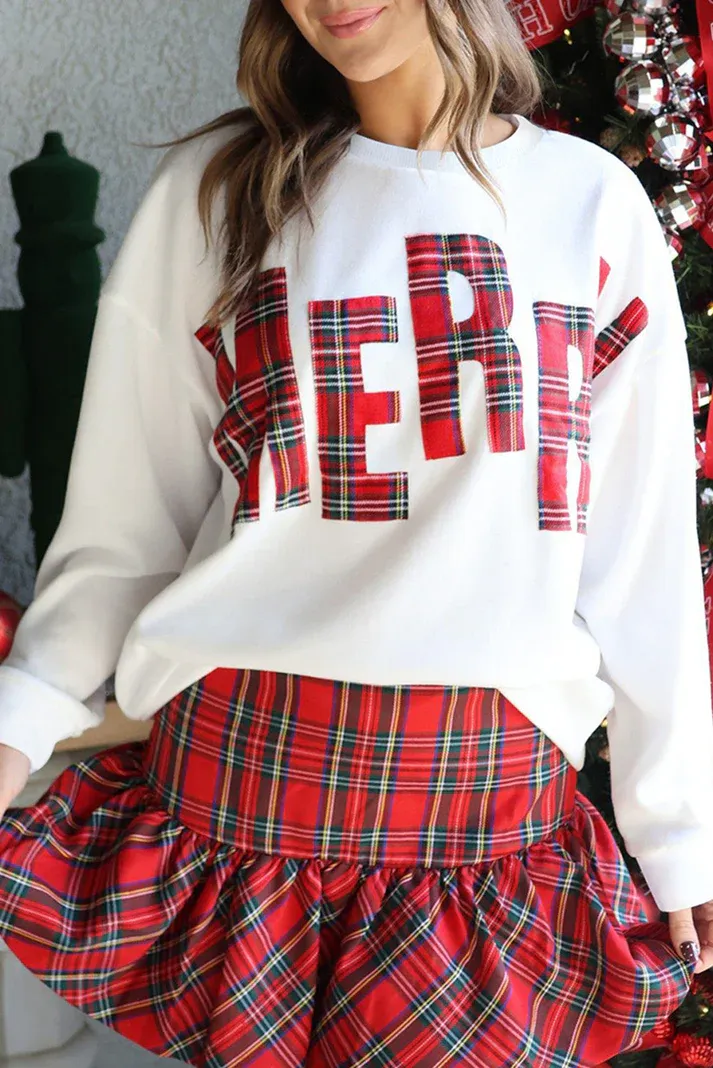 White Plaid Merry Sweatshirt