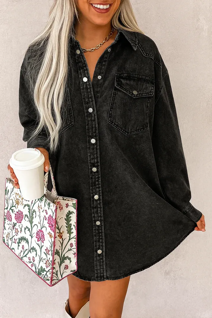 Black Denim Button Dress