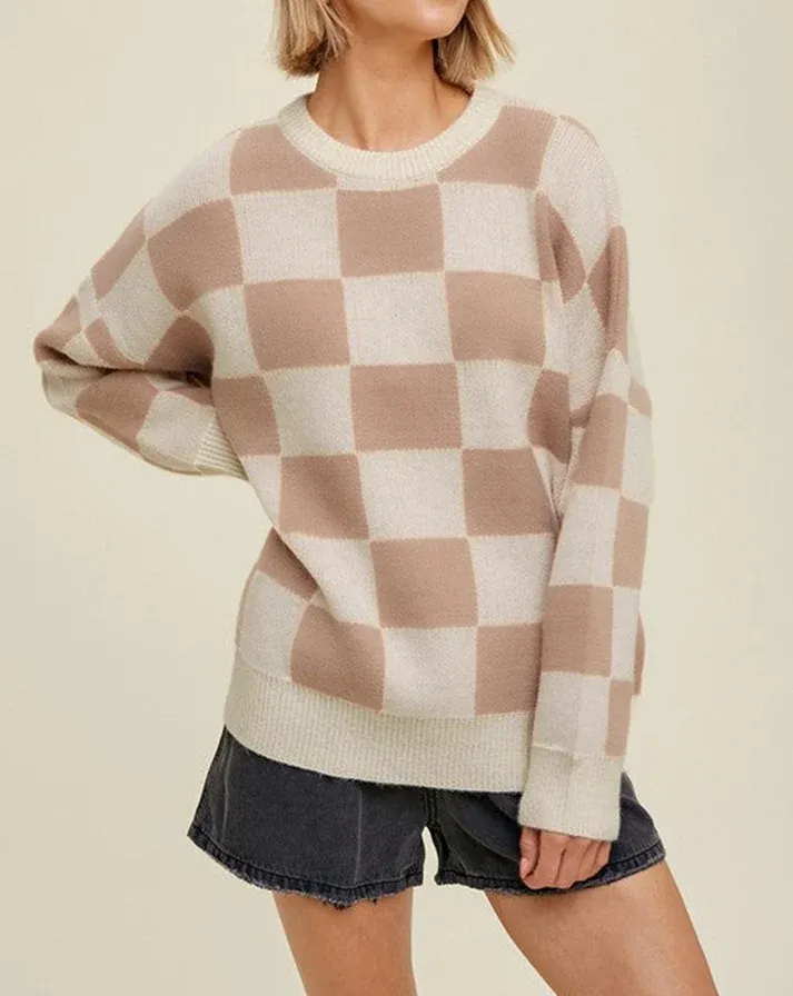 Beige Checkered Baggy Sweater