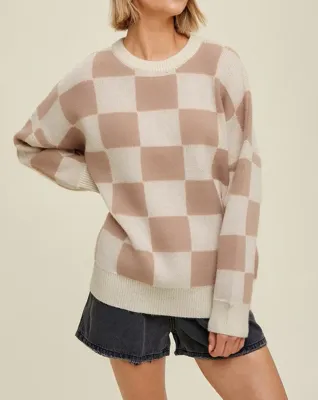 Beige Checkered Baggy Sweater