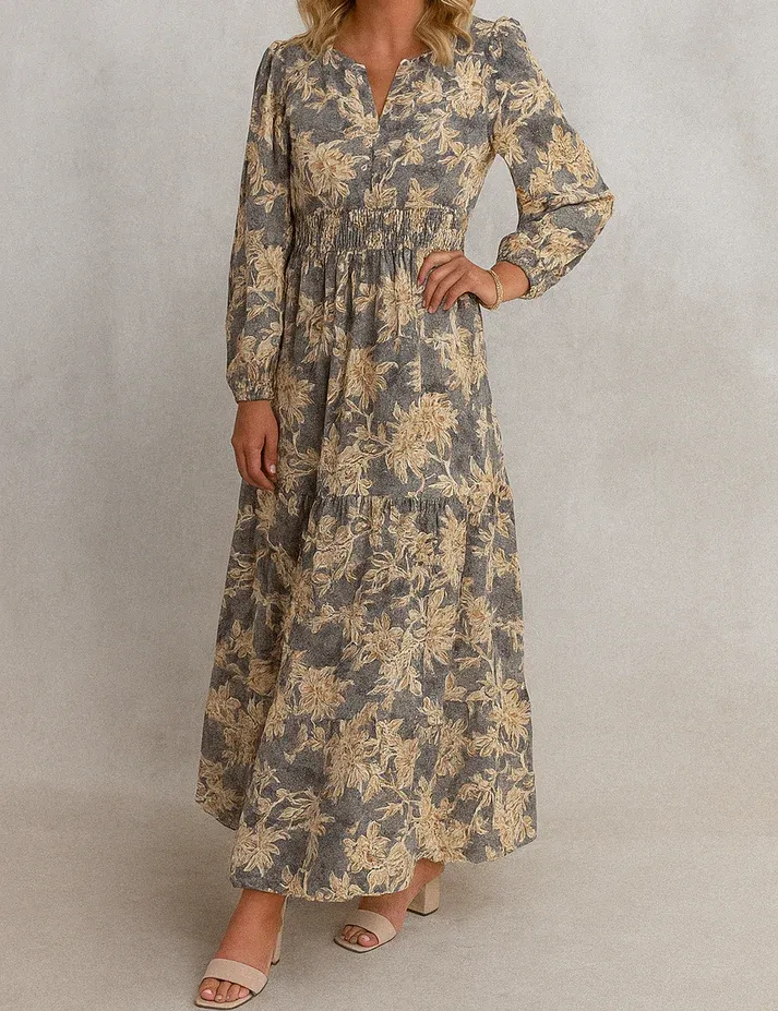 Blue Smocked Floral Maxi