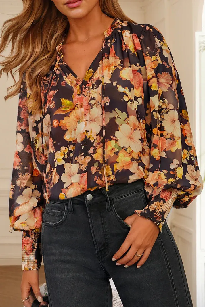 Black Floral Puff Blouse