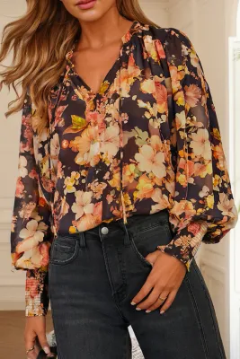 Black Floral Puff Blouse