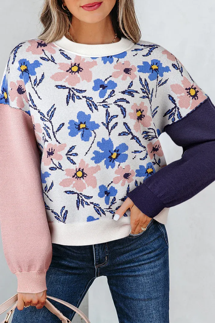 Floral Panel Sleeve Patchwork Sweater
