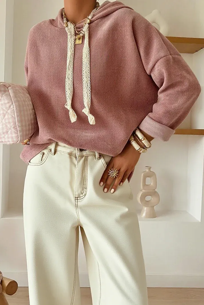 Lace Drawstring Baggy Hoodie