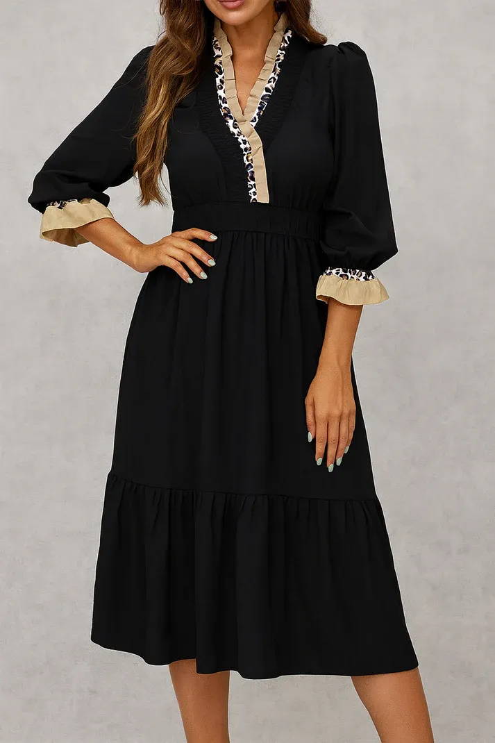 Black Leopard Frilled Midi Dress