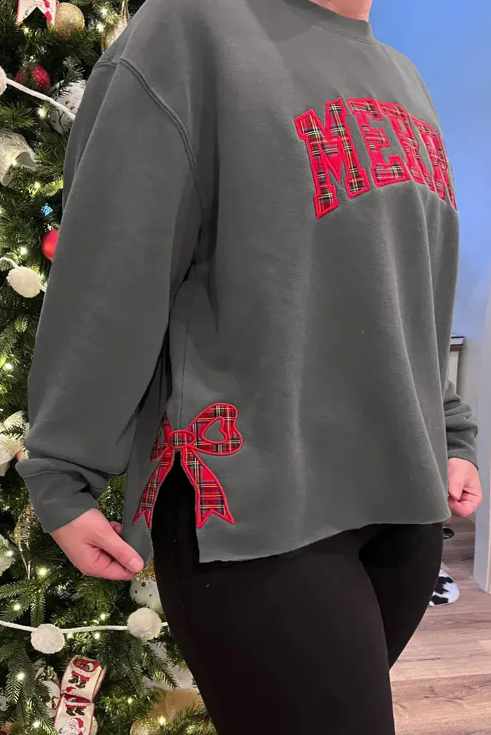 Grey Plaid MERRY Bow Sweatshirt