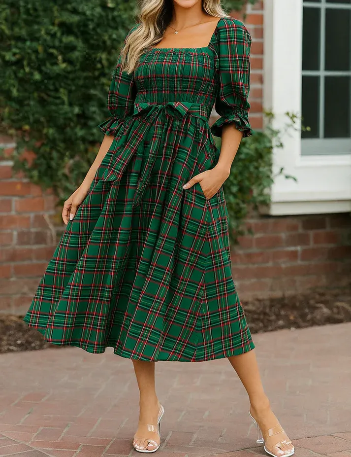 Green Plaid Knot Midi Dress