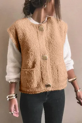 Beige Button Fuzzy Vest