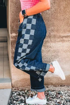 Blue Checkered Drawstring Pants