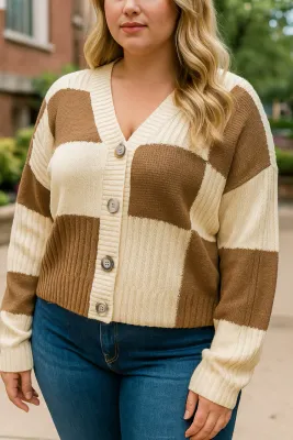 Checkered Ribbed Cardigan