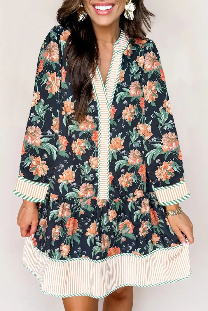 Blue Floral Stripe Trim Dress