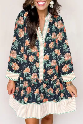 Blue Floral Stripe Trim Dress