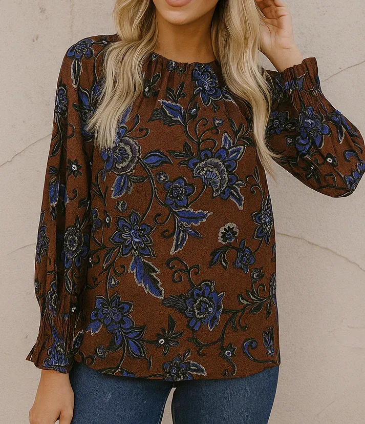 Brown Floral Cuff Blouse