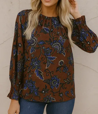 Brown Floral Cuff Blouse