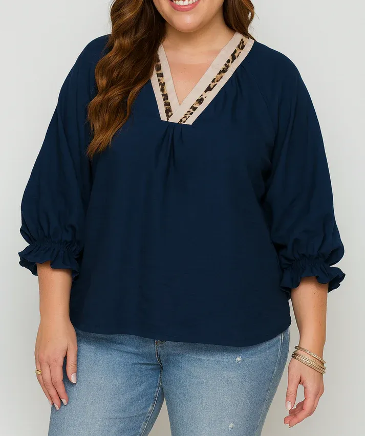 Blue Leopard Trim Blouse