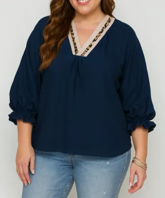 Blue Leopard Trim Blouse