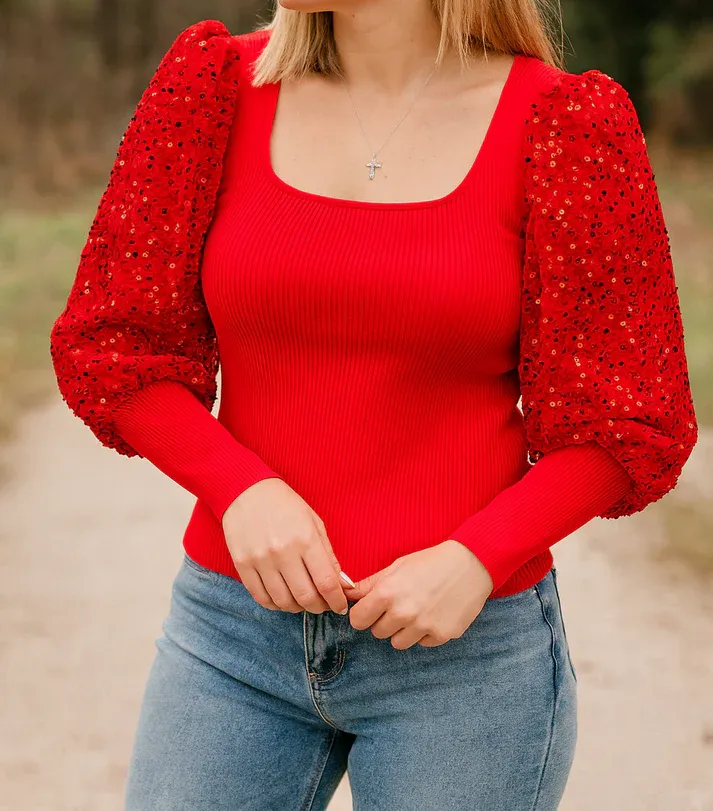 Red Sequin Sleeve Sweater