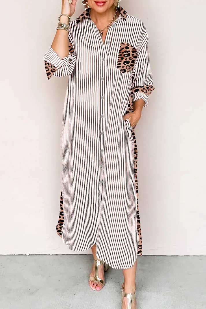 Stripe Leopard Button Dress