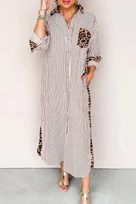 Stripe Leopard Button Dress