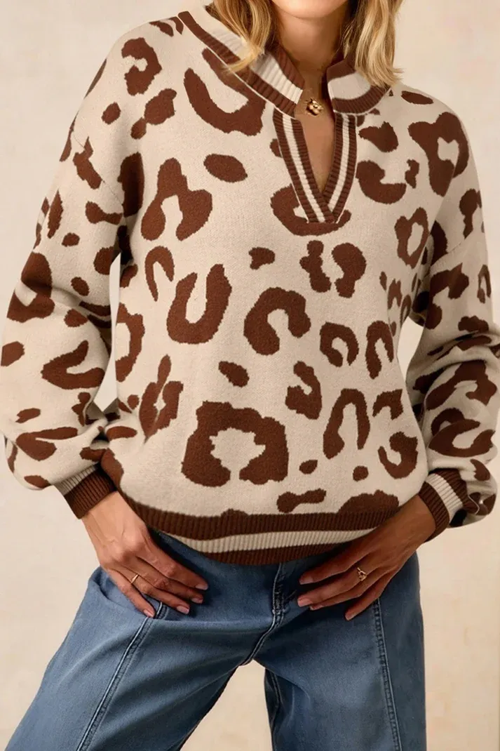 Beige Leopard V Neck Sweater