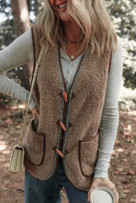 Khaki Sherpa Button Vest