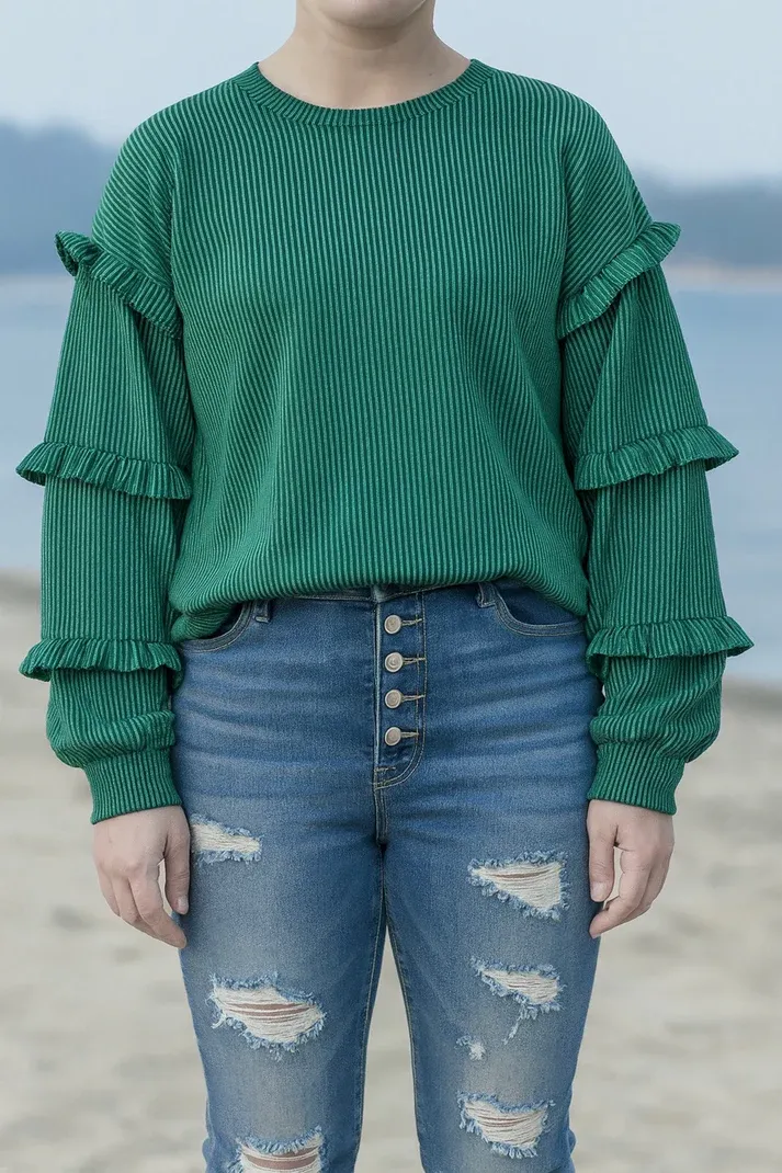 Green Ribbed Ruffle Sleeve Top