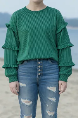 Green Ribbed Ruffle Sleeve Top