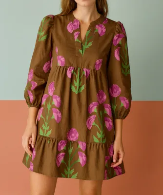 Brown Floral Ruffled Dress