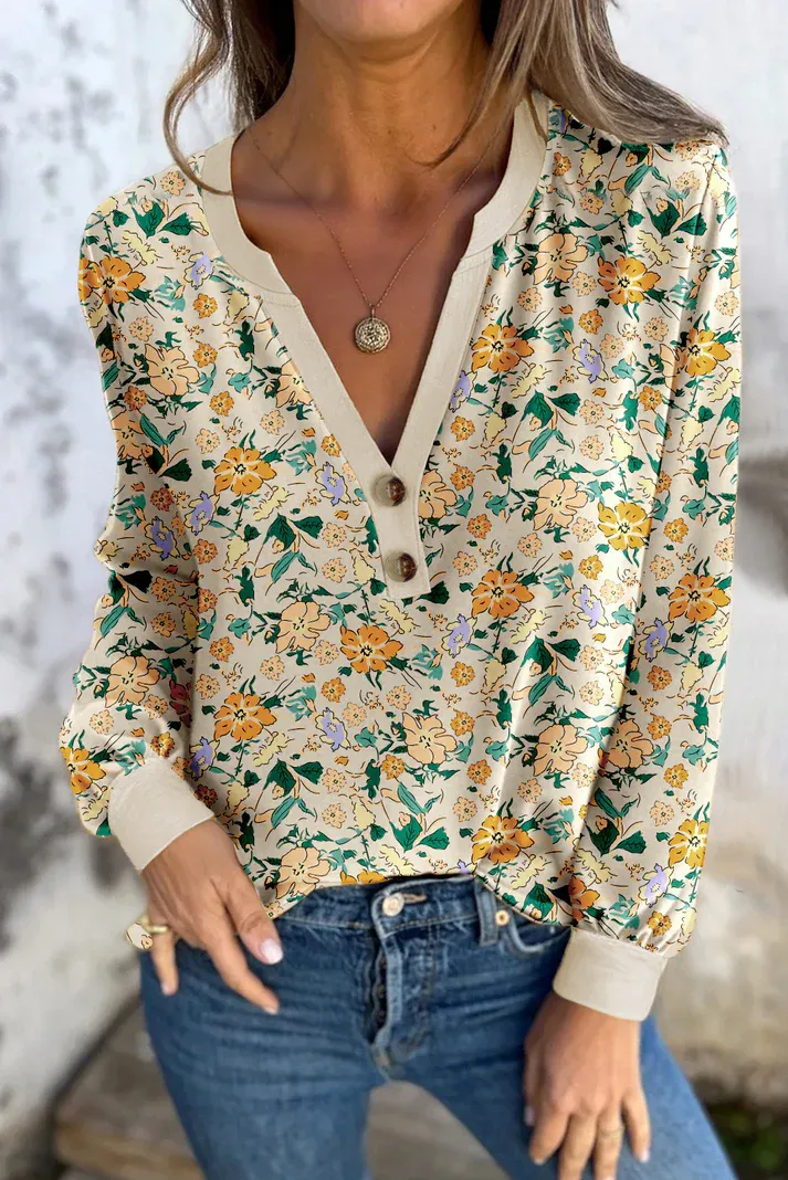Floral Notched V Neck Top