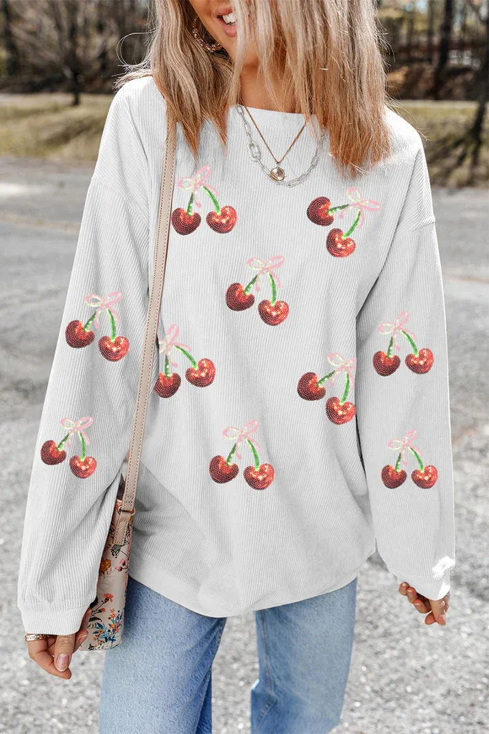 Ribbed Sequin Cherry Sweatshirt