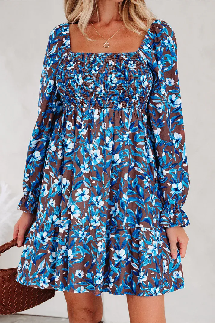 Blue Smocked Floral Dress