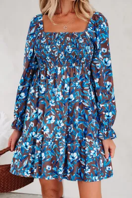Blue Smocked Floral Dress