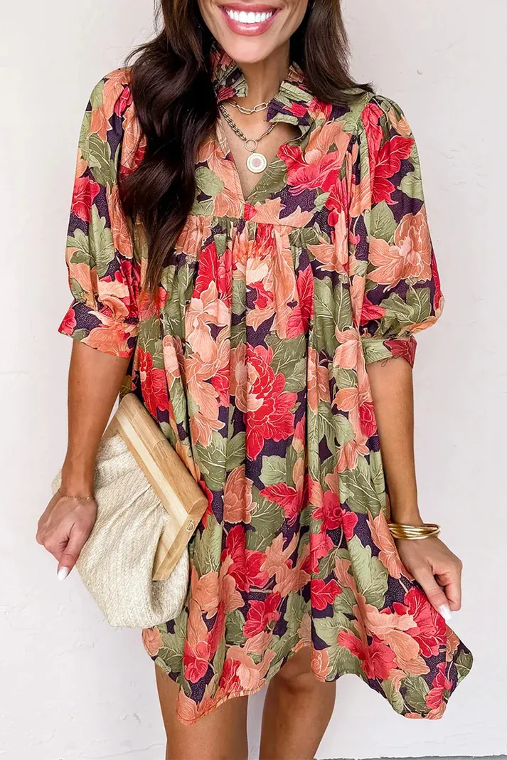 Green Floral Collar Mini Dress