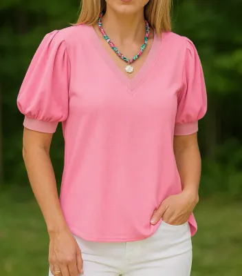 V Neck Puff Blouse