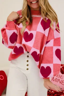 Pink Heart Checkered Sweater