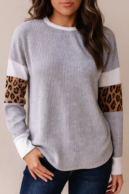 Gray Leopard Ribbed Knit Top