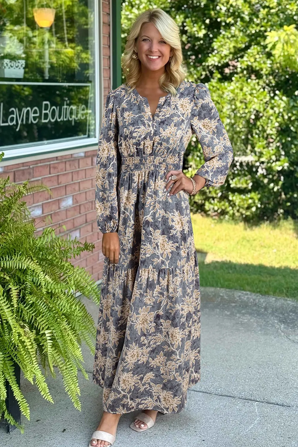 Blue Smocked Floral Maxi