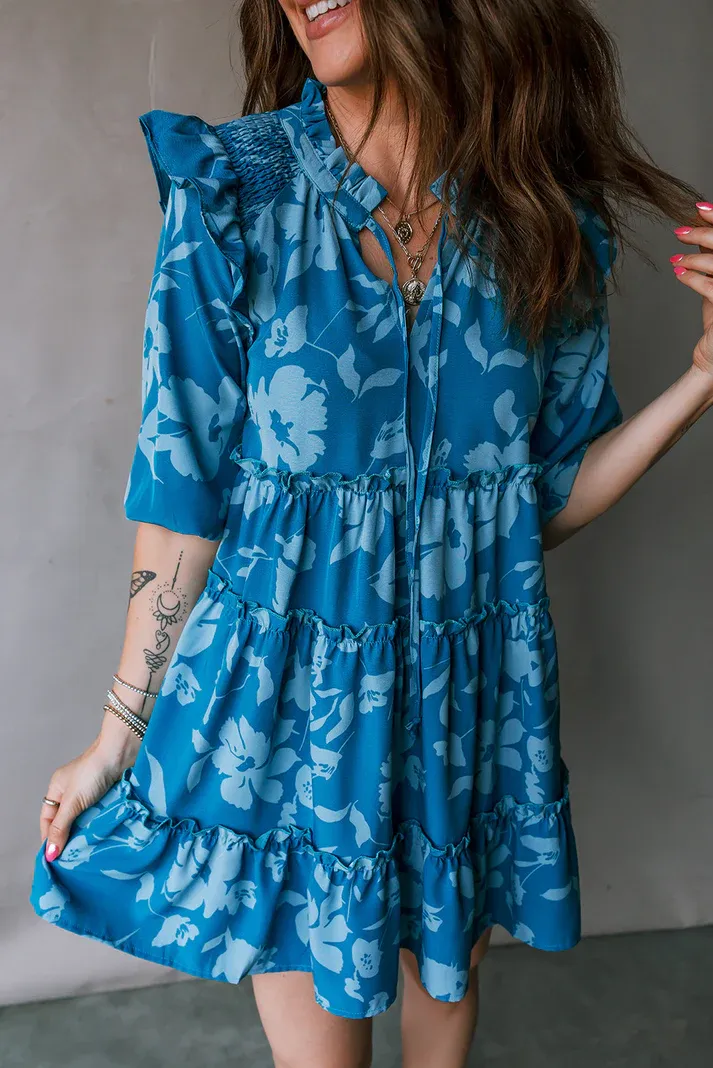 Blue Flower Ruffle Dress