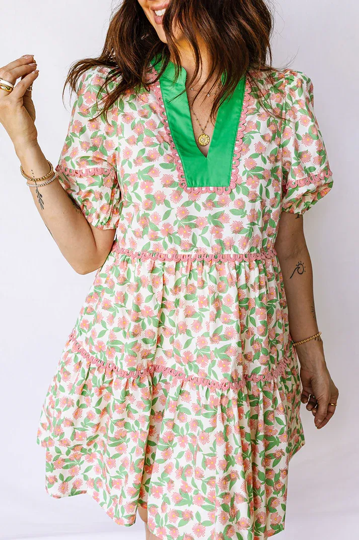 Green RicRac Trim Floral Dress