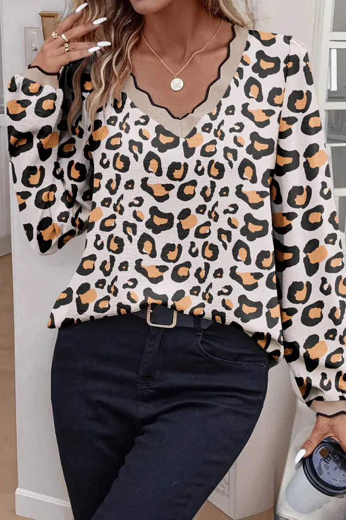 Leopard Scallop Neck Blouse